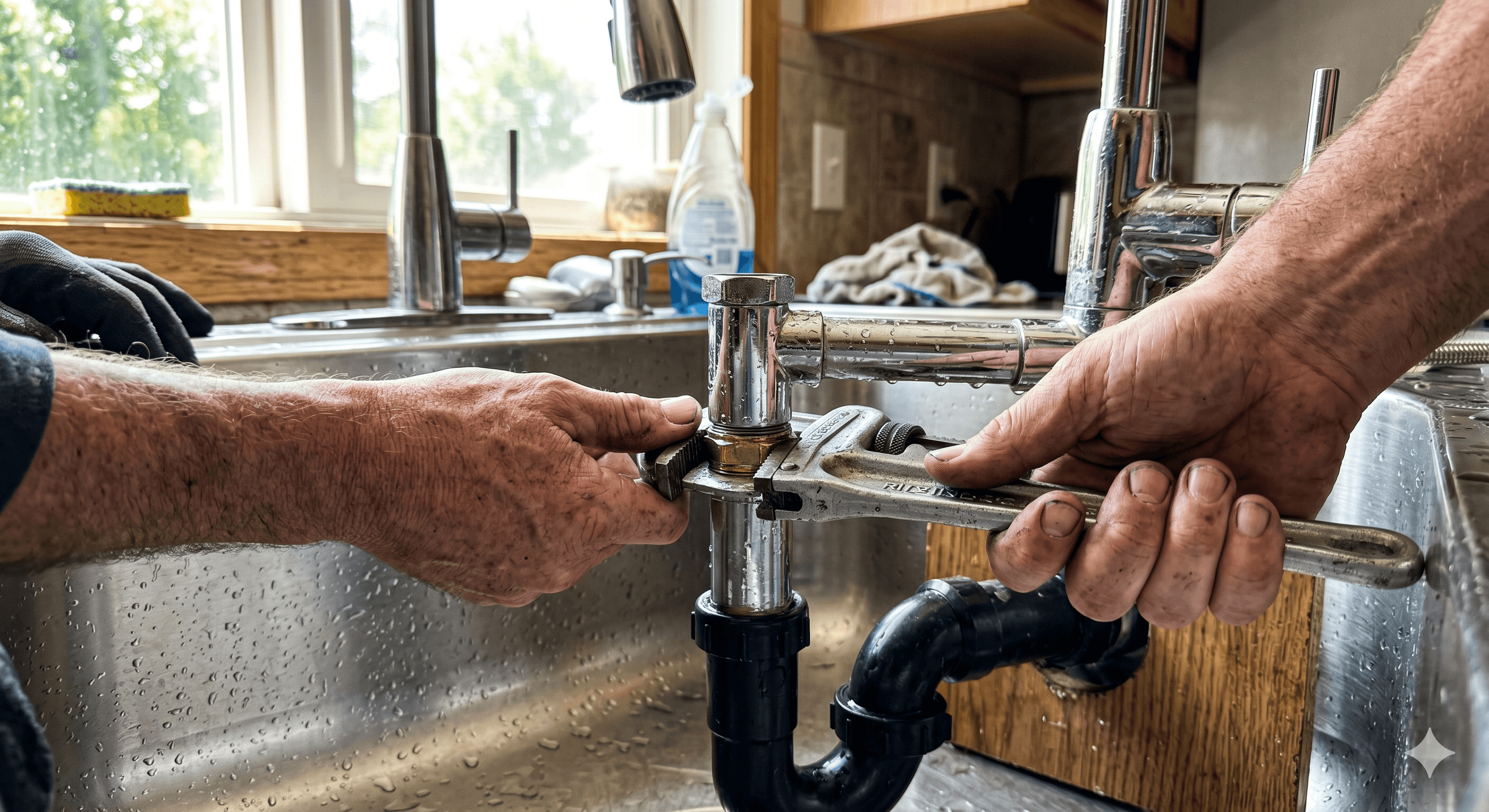 Ryan Heating & Building plumber repairing a kitchen sink with adjustable wrench in West London property
